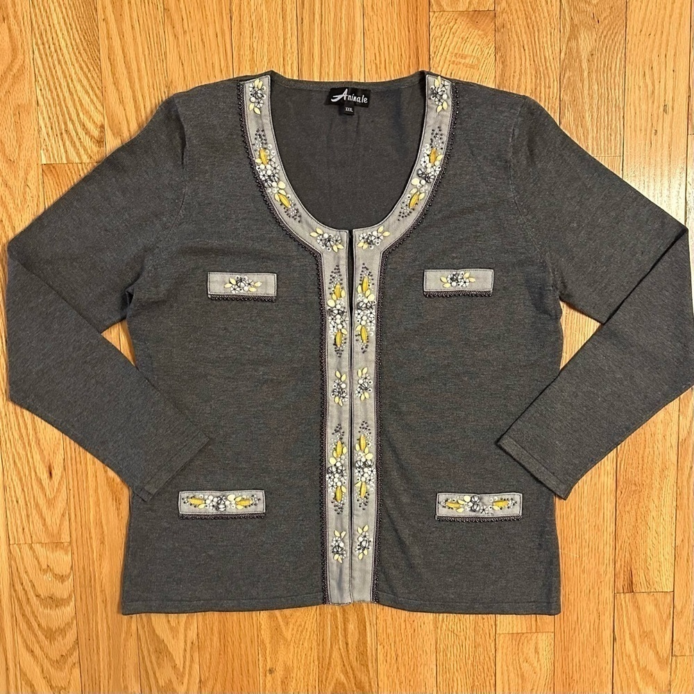 Animale Ornate Cardigan Beaded Pearl Sequin Trim Gray Knit Womens XL